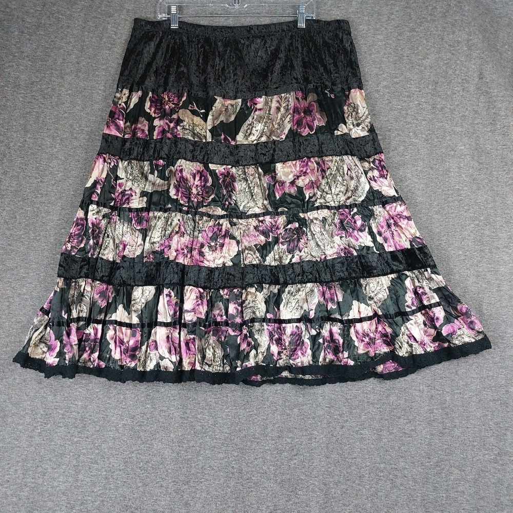 DRESSBARN WOMEN Y2K BLACK VELVET FLORAL PRINT TIERED WHIMSYGOTH PULL ON SKIRT 16